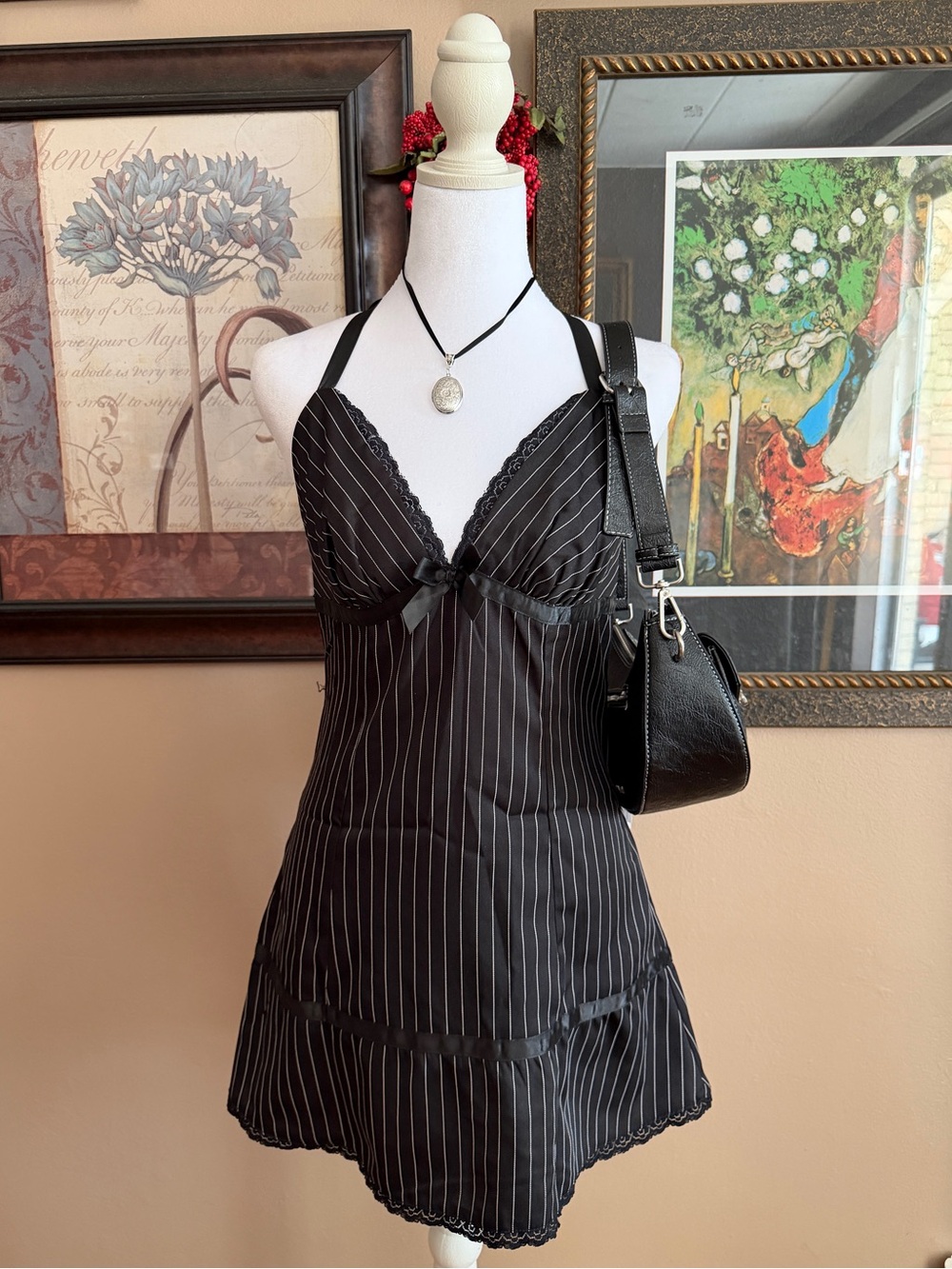 Y2K 2000’s pinstripe gothic lingerie slip dress